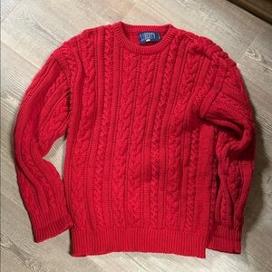 Vintage Liberty Vibrant Red Cable Knit Crewneck Thick Cotton Sweater